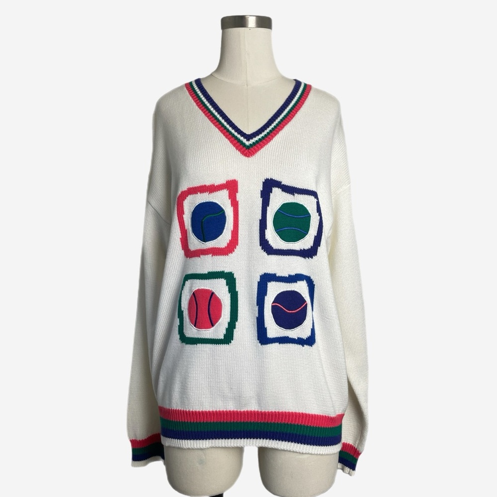 Vintage 90s Quantum Sports White v-neck tennis sweater retro preppy sporty S/M